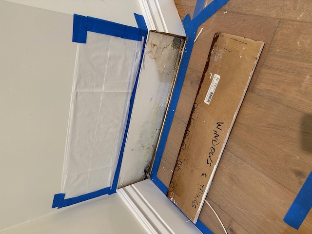 Interior water damage adjacent to foundation, sill plate leak